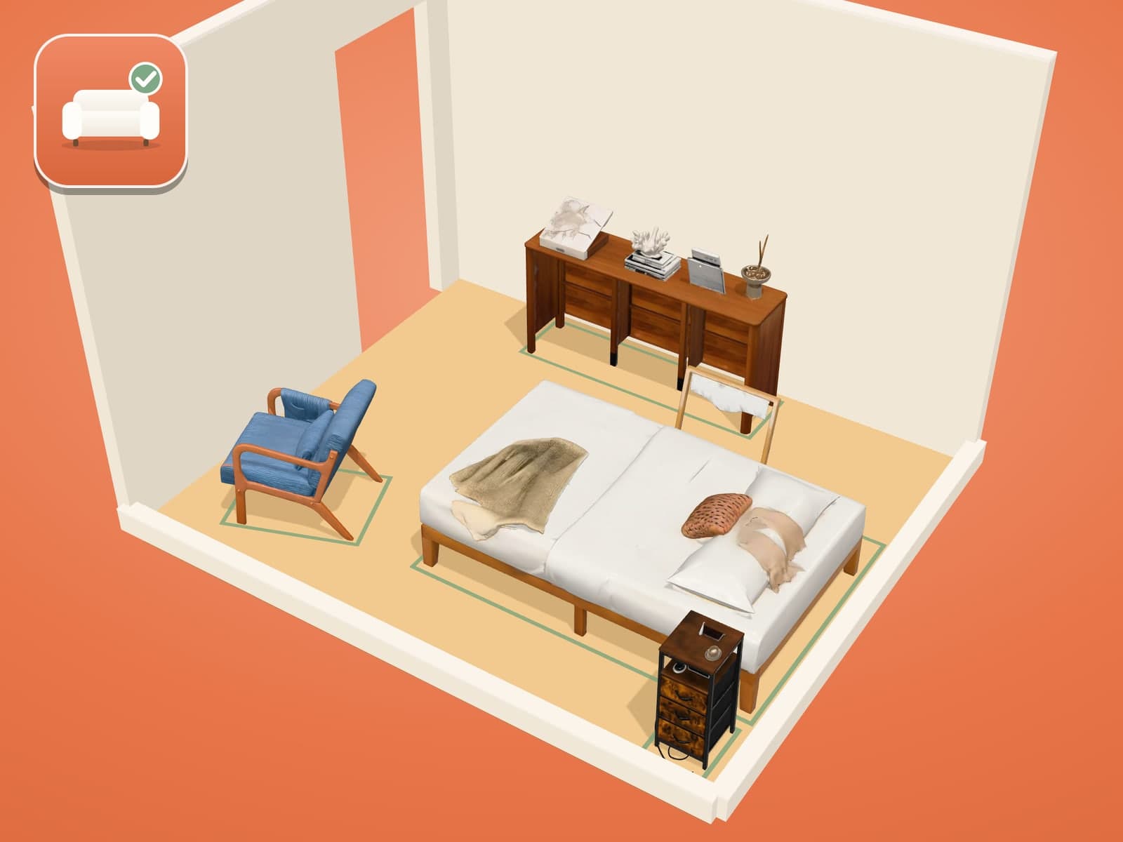 Snug's 3D room view: a furnished bedroom with real products at true scale and fit outlines on the floor